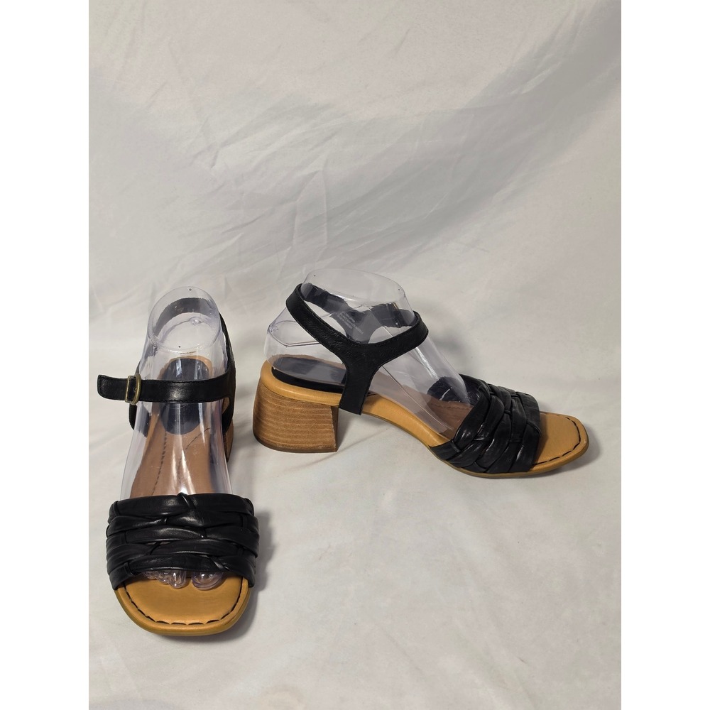 Born Black Leather Block Heel Sandals Braided Ankle Strap Handcrafted Size 9M